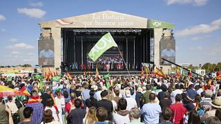 El líder del partido español Vox, Santiago Abascal, se dirige a sus seguidores durante un mitin en Madrid, España, el domingo 9 de octubre de 2022.