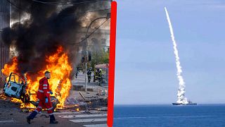 A g. : dégâts causés par un bombardement à Kyiv / A dr. : tir d'un missile depuis un navire russe - photos du 10/10/2022