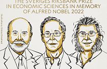 Desenho dos três vencedores do Nobel da Economia de 2023