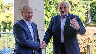 Russian President Vladimir Putin, left, and Belarusian President Alexander Lukashenko in the Bocharov Ruchei residence in Sochi, Russia, Sept. 26, 2022.