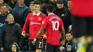 Cristiano Ronaldo és Marcus Rashford a vasárnapi Everton-Manchester United mérkőzésen