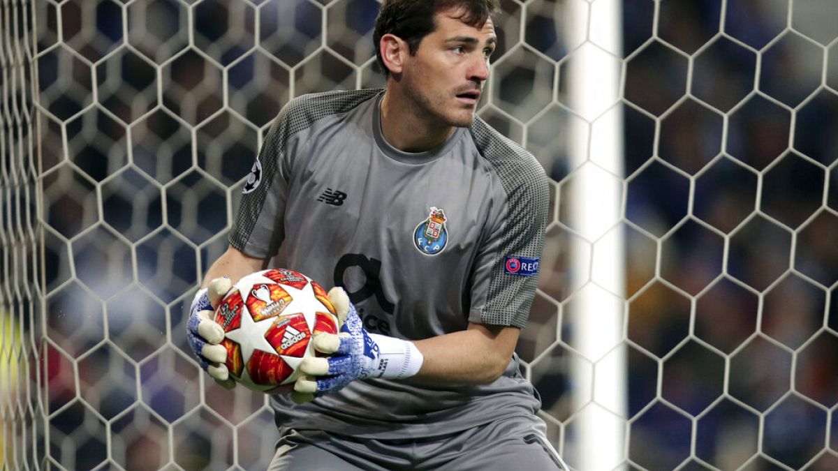  Iker Casillas holds the ball during their Champions League quarterfinals, 2nd leg, soccer match against Liverpool, 2019. 