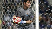  Iker Casillas holds the ball during their Champions League quarterfinals, 2nd leg, soccer match against Liverpool, 2019.