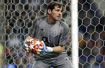  Iker Casillas holds the ball during their Champions League quarterfinals, 2nd leg, soccer match against Liverpool, 2019.