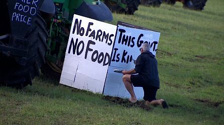 Farmers gathered with their tractors to protest on Thursday.