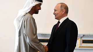 Russian President Vladimir Putin, right, and President of the United Arab Emirates Sheikh Mohamed bin Zayed Al Nahyan, greet each other prior to their talks in St. Petersburg.