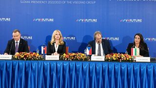  Andrzej Duda lengyel, Zuzana Čaputová szlovák, Miloš Zeman cseh, és Novák Katalin államfő a megbeszélés utáni sajtótájékoztatón