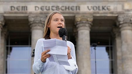 Greta Thunberg speakin during a Fridays for Future global climate strike in front of a parliament building in Berlin, Germany, 24 September 2021.