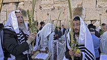 Ultra-Orthodox Jewish men  as they perform the annual Cohanim prayer  at the Western Wall in the old city of Jerusalem.