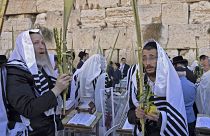 Ultra-Orthodox Jewish men  as they perform the annual Cohanim prayer  at the Western Wall in the old city of Jerusalem.