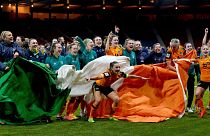 Ireland players celebrate after a FIFA Women's World Cup 2023 qualifying play-off match against Scotland at Hampden Park, Tuesday, Oct. 11, 2022, in Glasgow, Scotland.