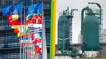 A g. : drapeaux des Etats-membres de l'UE (archives) // A dr. : terminaux de gaz à Obergailbach (France), lel 13/10/2022
