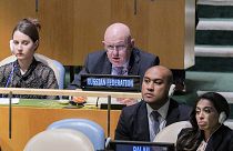 United Nations Ambassador from Russia, Vasily Nebenzya, second from left, address the UN General Assembly, 12 October 2022