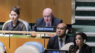 United Nations Ambassador from Russia, Vasily Nebenzya, second from left, address the UN General Assembly, 12 October 2022