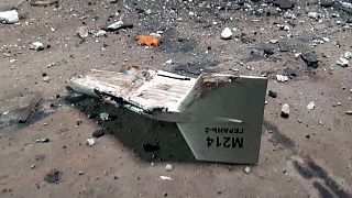The wreckage of what Kyiv has described as an Iranian Shahed drone downed near Kupiansk, Ukraine, on 13 September 2022