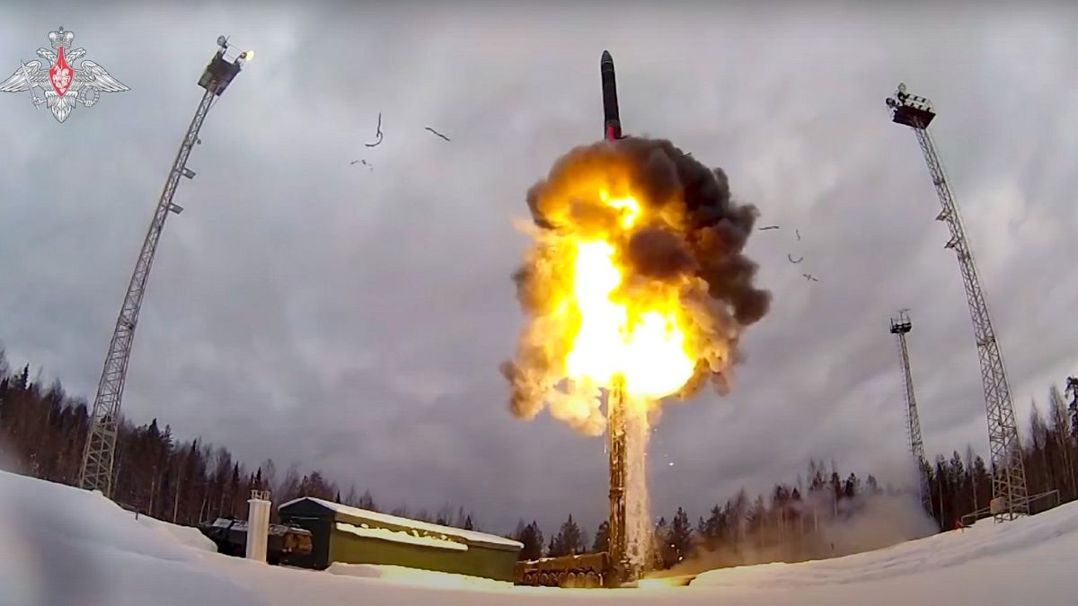 This photo taken from video provided by Russia on Feb 19, 2022, shows a Yars thermonuclear armed intercontinental ballistic missile being launched from an air field.