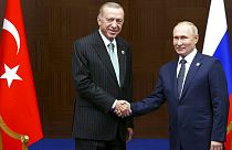 Recep Tayyip Erdogan y Vladímir Putin se estrechan la mano