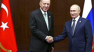 Recep Tayyip Erdogan y Vladímir Putin se estrechan la mano