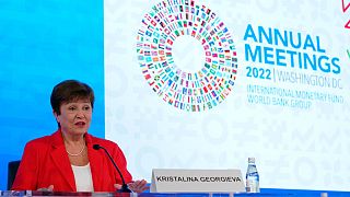 International Monetary Fund Managing Director Kristalina Georgieva speaks at a news conference annual meeting of the IMF and the World Bank Group, Washington, Oct. 13, 2022.