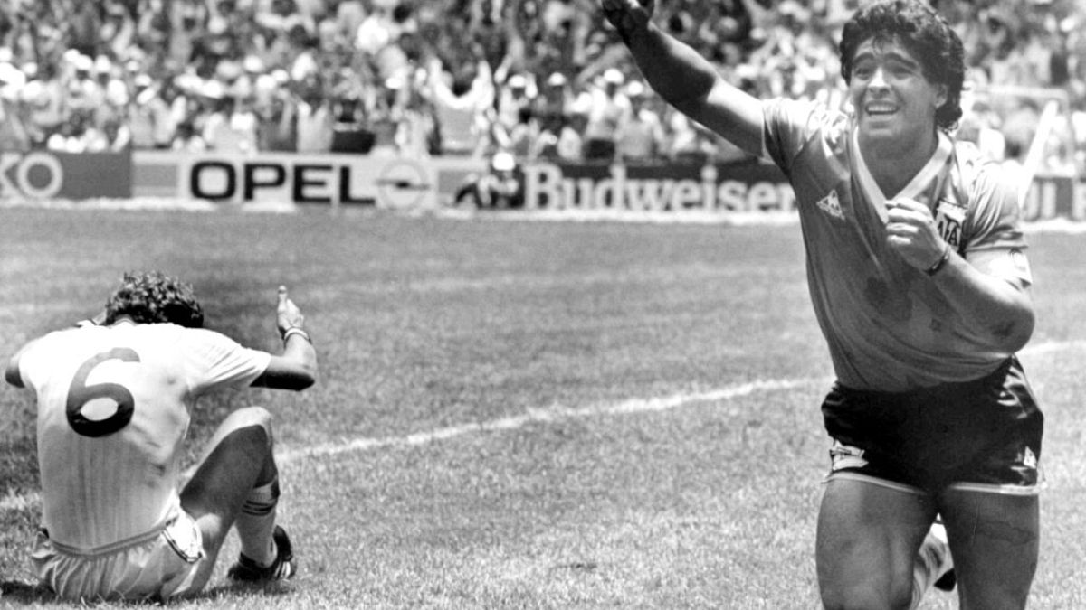 Diego Maradona celebrates his second goal against England in the 1986 World Cup