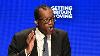 Kwasi Kwarteng speaks at the Conservative Party conference at the ICC in Birmingham, England, Monday, Oct. 3, 2022