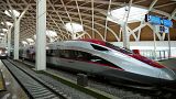 High-speed train is parked during the opening ceremony for launching Southeast Asia's first high-speed railway at Halim station in Jakarta, Indonesia, 2 October 2023. 