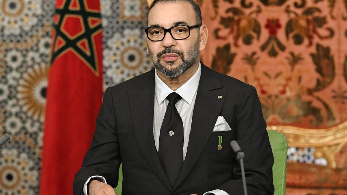 العاهل المغربي الملك محمد السادس أثناء كلمة في الرباط، المغرب. 