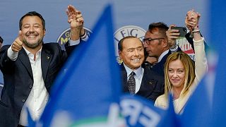 Lega's Matteo Salvini, Forza Italia's Silvio Berlusconi, and Brothers of Italy's Giorgia Meloni attend the final rally of the centre-right coalition in Rome, 22 September 2022