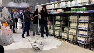Animal Rebellion protesters pour milk over the floors of several high street supermarkets.