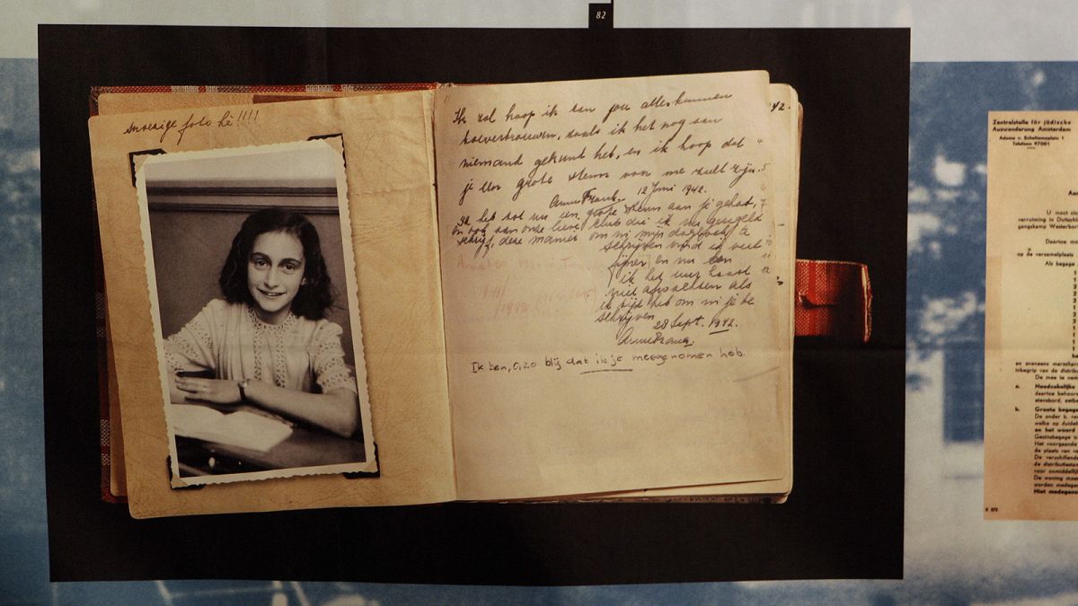 A photo of Anne Frank is displayed at the opening of the exhibition: "Anne Frank, a History for Today", at the Westerbork Remembrance Centre in Hooghalen, Netherlands, in 2009