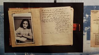 A photo of Anne Frank is displayed at the opening of the exhibition: "Anne Frank, a History for Today", at the Westerbork Remembrance Centre in Hooghalen, Netherlands, in 2009