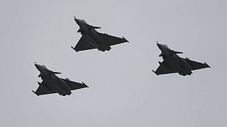 Greek Rafale fighter jets fly over the Andravida air base, about 279 kilometres (174 miles) southwest of Athens, Friday, April 1, 2022.
