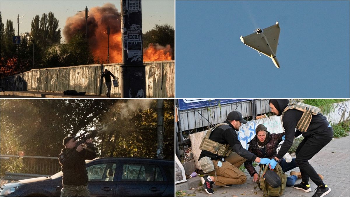 L-R clockwise: A man falls to the ground amid an explosion in Kyiv; a drone flies over city; a resident is helped to his feet; and a police officer tries to shoot a drone down