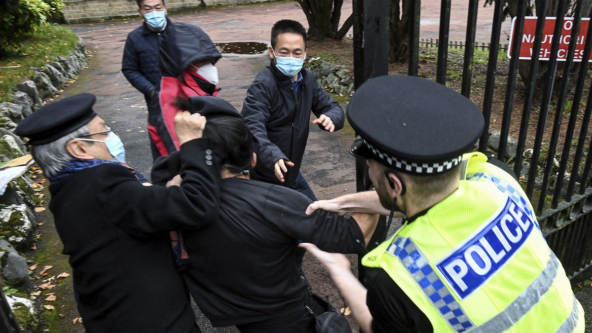 An incident involving a scuffle between a Hong Kong pro-democracy protester and Chinese consulate staff, as a British police officer attempts to intervene on 16 October 2022