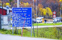 A sign indicating the Storskog border crossing between Russia and Norway