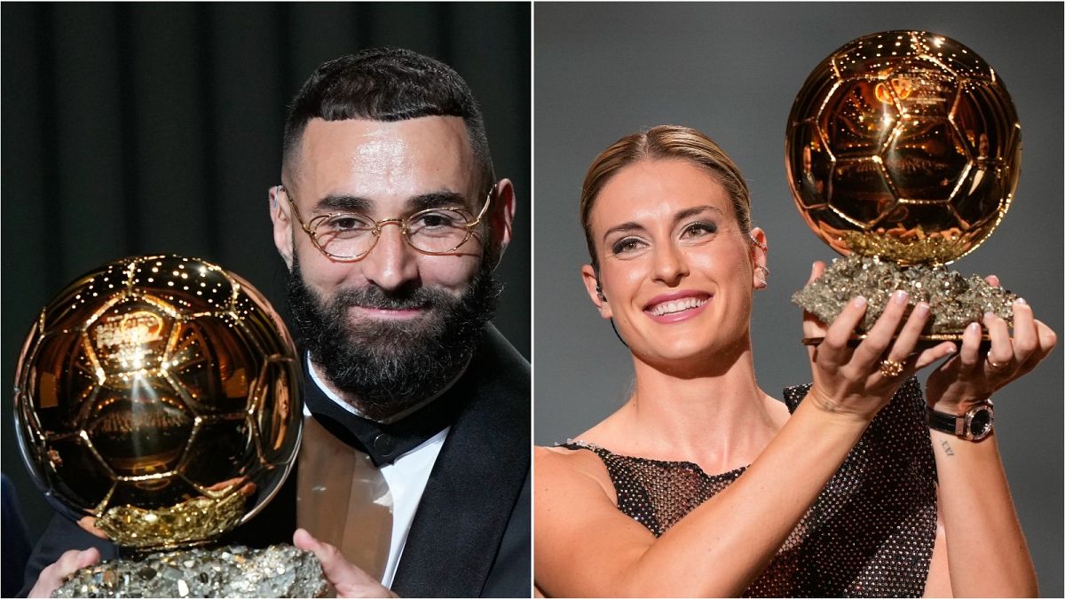 Real Madrid's Karim Benzema and Barcelona's Alexia Putellas: 2022 Ballon d'Or trophy winners.