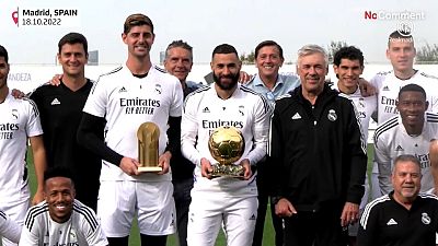 Thibaut Courtois and Karim Benzema celebrate their Ballon d'Or awards with Real Madrid teammates on Tuesday 18 October 2022