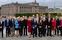Family picture of the new Swedish government on Lejonbacken's terrace at Stockholm Palace, Sweden, Tuesday, Oct. 18, 2022,