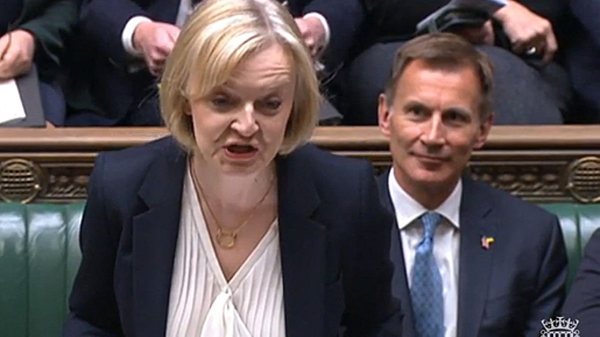 Liz Truss speaking in front of Britain's Chancellor of the Exchequer Jeremy Hunt (back) during Prime Minister's Questions in the House of Commons, London, October 19, 2022.