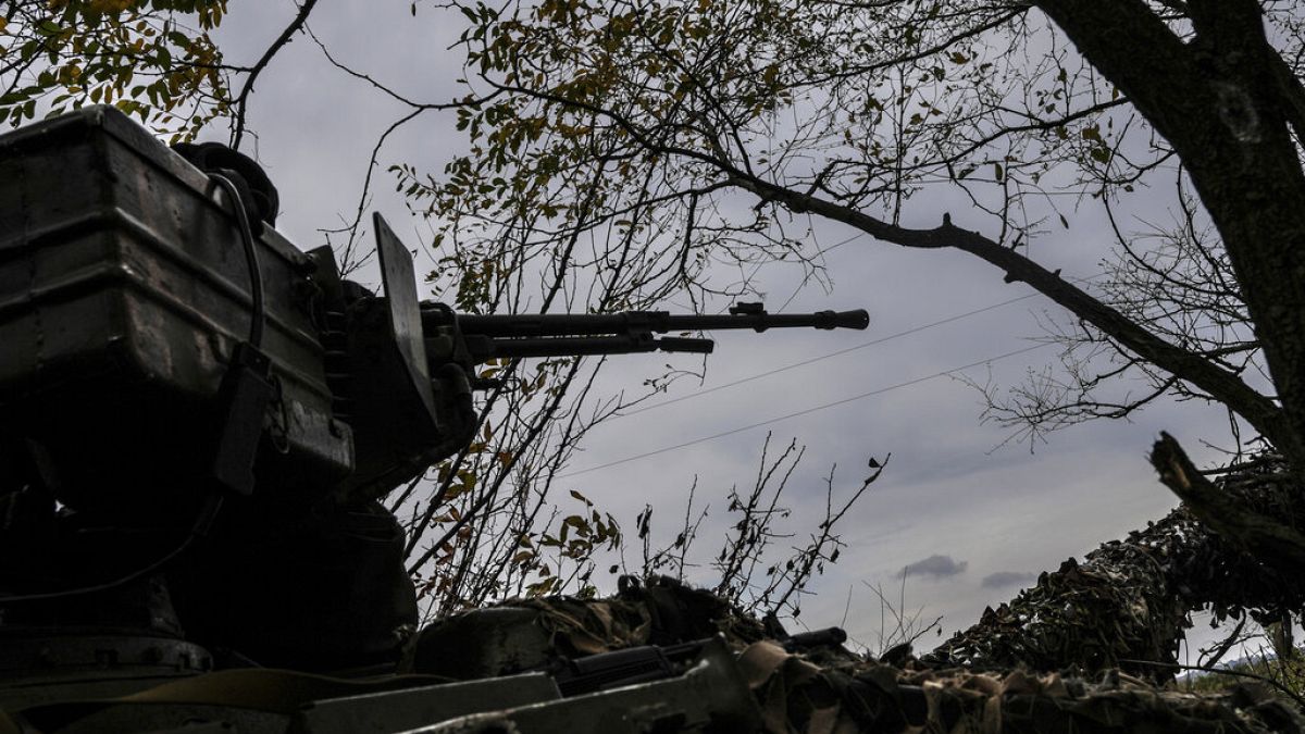 A machine gun on the top of a tank in Bakhmut, Ukraine, Sunday, Oct. 2, 2022. 
