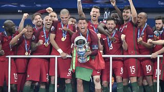 Cristiano Ronaldo lifts the Euro 2016 trophy for Portugal