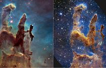 ستون‌های آفرینش؛ تصویر سمت چپ توسط تلسکوپ فضایی هابل و تصویر سمت راست توسط تلسکوپ جیمز وب گرفته شده است.