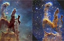 Yaratılış Sütunları'nın 2014 yılında Hubble teleskobu ve James Webb tarafından çekilen görüntüleri
