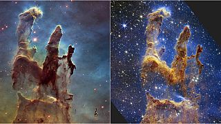 Yaratılış Sütunları'nın 2014 yılında Hubble teleskobu ve James Webb tarafından çekilen görüntüleri