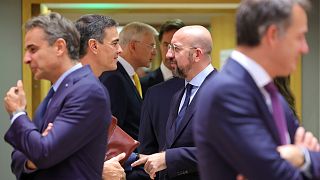 European Council President Charles Michel, centre right, with Spain's Prime Minister Pedro Sanchez, centre left, during a round table meeting at an EU summit in Brussels.