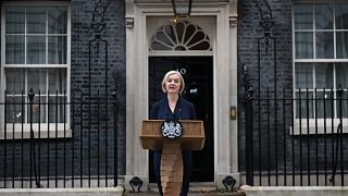 La Première ministre britannique Liz Truss annonçant sa démission, le 20 octobre 2022 devant le 10 Downing Street à Londres