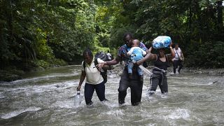 Un grupo de migrantes haitianos cruzando el Darién.