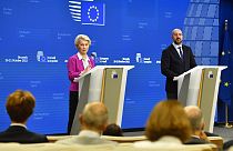 Presidente da Comissão Europeia, Ursula von der Leyen, e presidente do Conselho Europeu, Charles Michel