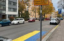 The colours of Ukraine's flag painted in the parking space outside home of Russian Consul General, Turku, Finland. October 2022