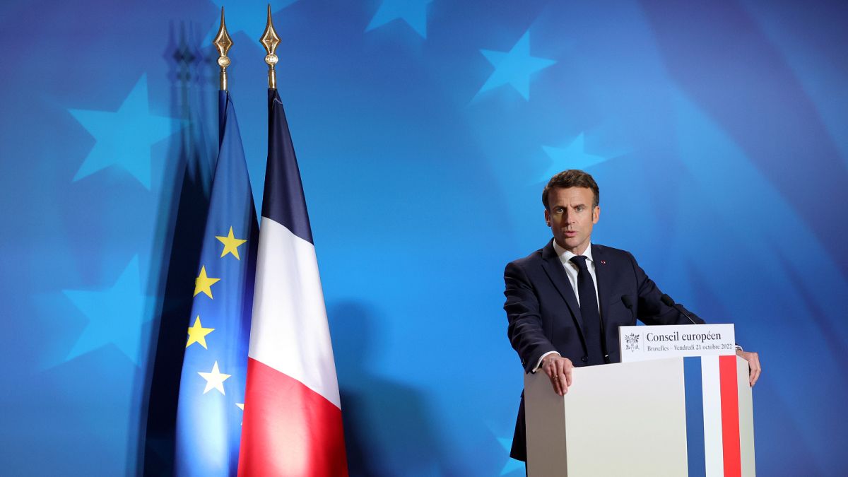 French President Emmanuel Macron speaks during a media conference at an EU summit in Brussels, Friday, Oct. 21, 2022.